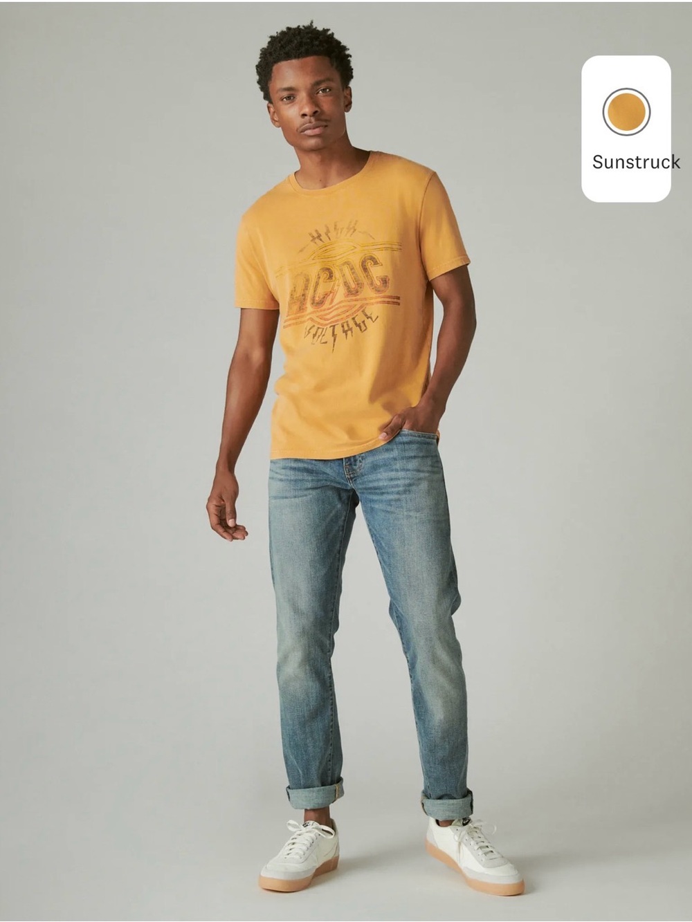 Lucky Brand AC DC High Voltage Shirt Mens M Mustard Yellow Rock Graphic